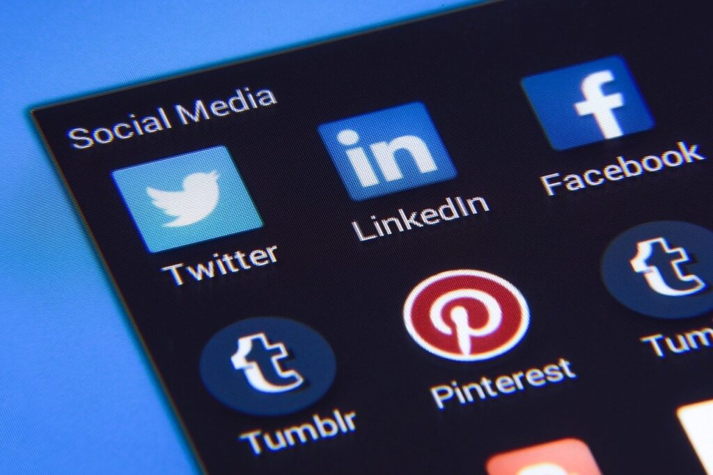 Close-up image of several social media icons. Row one from left to right: twitter,linkedin, facebook. Row two from left to right: Tumblr, pinterest, Tumblr 